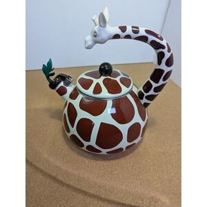 Vintage Giraffe Whistling Tea Kettle Enamel Stovetop Animal Safari Kitchen Decor